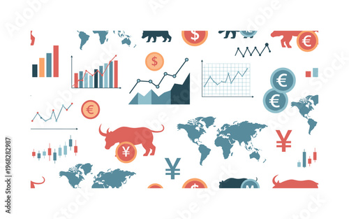 international markets seamless pattern, repeating pattern, surface design, textile print, modern illustration of bar graphs, line charts, currencies, world