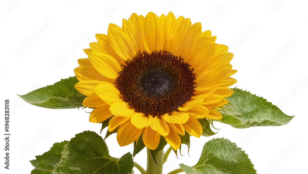Obraz premium Vibrant yellow sunflower with dark brown central disc displaying lush green leaves and sturdy stem, isolated on transparent background for floral designs