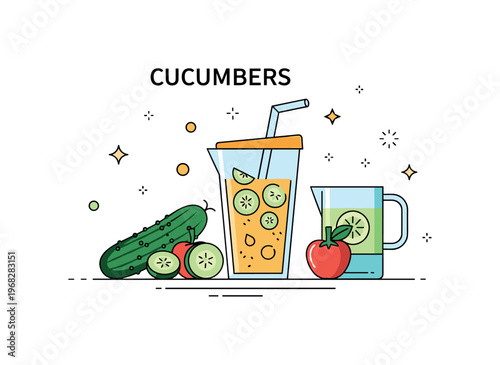 Cucumbers juice bar scene where cucumbers are blended with other vegetables while tiny sparkle and line icons highlight freshness, health, and vitality. The