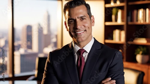 A confident businessman in a suit stands with his arms crossed in a modern office with a city view