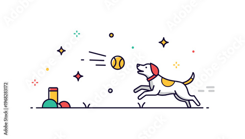 Throwing a ball dog fetch concept where a ball is thrown and a dog runs to catch it while tiny sparkle and star icons highlight action, playfulness, and