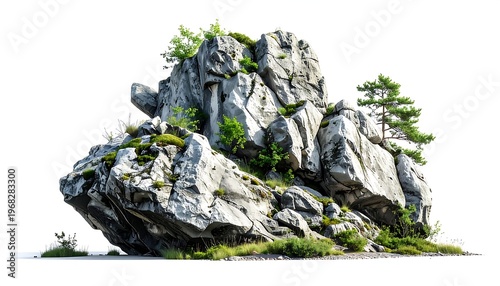 A large, jagged rock formation with patches of green moss and small trees on a white backdrop. The rock appears weathered and textured
