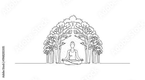 Yoga in Nature. Minimalistic one-line drawing individual performing meditation pose under canopy of forest trees, continuous single black line on white