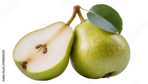 Ripe green pear halves one cut revealing brown seeds and juicy flesh, isolated on transparent background for healthy food marketing