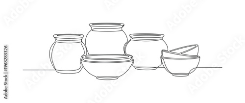 Interior Display. Minimalistic one-line drawing folded decorative fabrics on console or table, continuous single black line on white background, simple outline