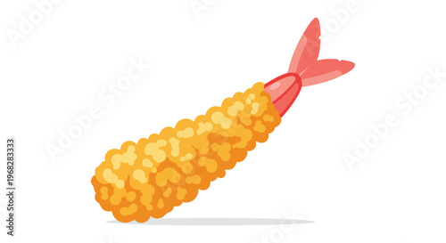 Crispy golden tempura shrimp with a distinct red tail against a clean white background, a delightful seafood treat