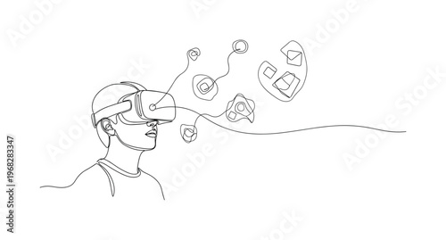Virtual Reality Scene. Minimalistic one-line drawing person wearing headset interacting with floating holographic elements, continuous single black line on