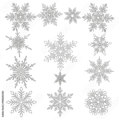 A set of beautiful and unique snowflake illustrations showcasing intricate hexagonal symmetry and delicate crystalline structures, perfect for winter holiday decorations, seasonal greeting cards, and 