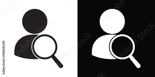 Recruitment search icon. Magnifying glass focusing on a person. Symbol for candidate screening, headhunting, and employee selection process.
