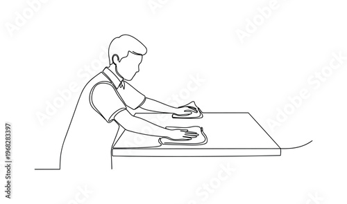 Wiping Table. Minimalistic one-line drawing person cleaning table surface with cloth, continuous single black line on white background, simple outline style,