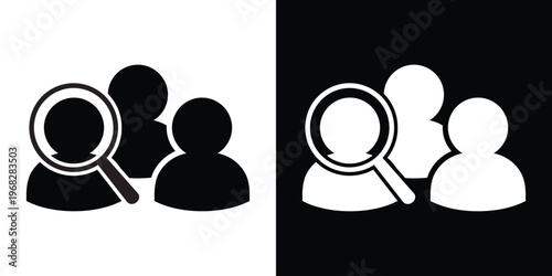Recruitment search icon. Magnifying glass focusing on a solid group of people. Symbol for candidate screening, headhunting, and employee selection process.