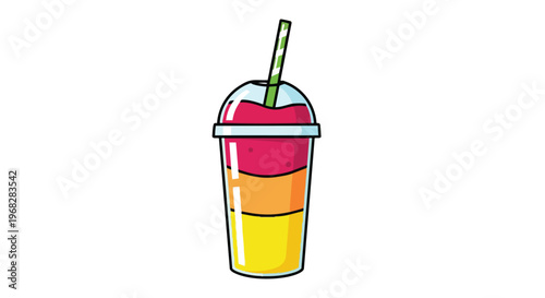 Vibrant layered frozen beverage in a clear plastic cup with a green striped straw, perfect for summer refreshment