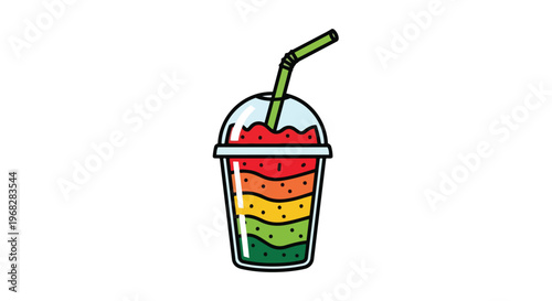Vibrant layered fruit smoothie in a clear plastic cup with a green straw, a refreshing and colorful beverage perfect for a healthy lifestyle