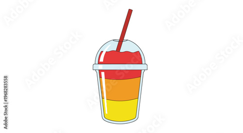 Vibrant layered frozen beverage in a clear cup with a red straw, perfect for summer refreshment and cool treats illustrations