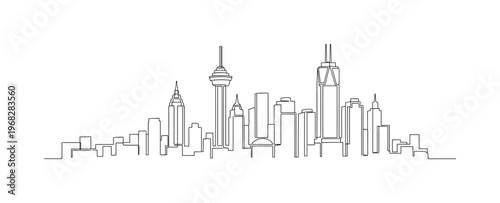 Downtown Skyline. Minimalistic one-line drawing skyline of downtown buildings and towers, continuous single black line on white background, simple outline