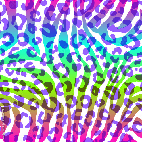 Bold Colorful abstract pattern combining zebra stripes and leopard spots with vibrant gradient colors, ideal for fashion, textiles, and modern designs. Vector