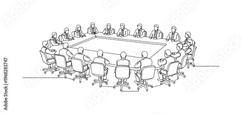 United Nations Meeting. Minimalistic one-line drawing representatives sitting around large conference table, continuous single black line on white background,