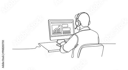 Distance Learning. Minimalistic one-line drawing person watching lecture content on computer with headphones, continuous single black line on white background,
