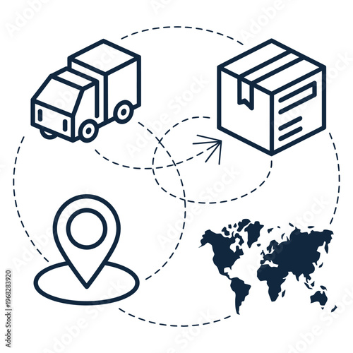 Global delivery service truck package worldwide shipping, simple vector sketch of delivery vehicle with parcel