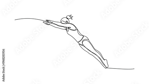 Goal-Oriented Dive. Minimalistic one-line drawing individual leaping from platform with focused posture, continuous single black line on white background,