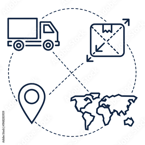 Global delivery service truck package worldwide shipping, hand drawn vector illustration in black and white, minimalist design