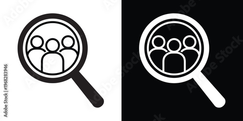 Search team icon. Magnifying glass focusing on a group of four people line icons. Human resources, recruitment, and talent acquisition concept. Black and white vector set.