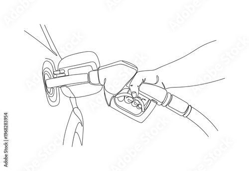 Pump Action. Minimalistic one-line drawing hand holding fuel nozzle inserted into car tank, continuous single black line on white background, simple outline