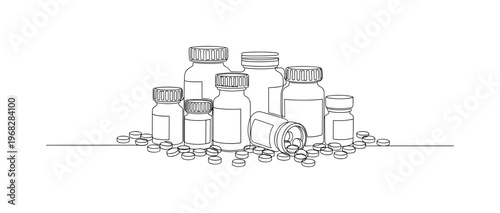 Medicine Bottles. Minimalistic one-line drawing pill bottles with scattered pills around, continuous single black line on white background, simple outline