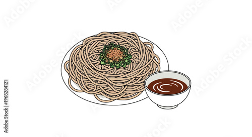 Stylized Illustration of a Plate of Soba Noodles with Dipping Sauce