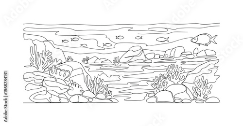 Aquatic Landscape. Minimalistic one-line drawing ocean floor with rocks, corals, and fish, continuous single black line on white background, simple outline