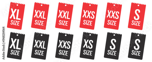 Clothing size labels vector illustration showcasing standard size indicators S, M, L, XL, XXL, and XXXL with dress symbols, crafted in a minimal and professional style ideal for clothing tags, retail 