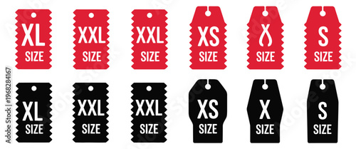 Clothing size labels vector illustration featuring dress symbols with sizes S, M, L, XL, XXL, and XXXL, designed as clean and modern icons suitable for apparel tags, fashion branding, e-commerce, 