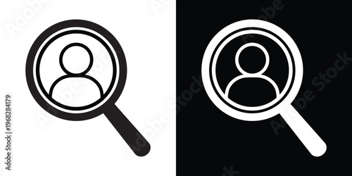 Search user icon. Magnifying glass focusing on a single person profile line icon. Human resources recruitment and candidate find concept. Black and white vector set.