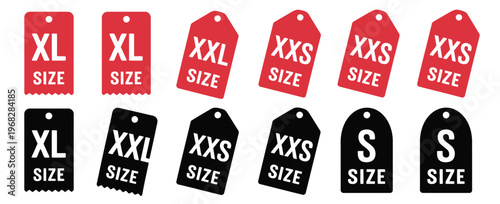 Clothing size labels vector illustration including S, M, L, XL, XXL, and XXXL dress size icons, presented in a clear and scalable vector format perfect for garment labeling, fashion design assets