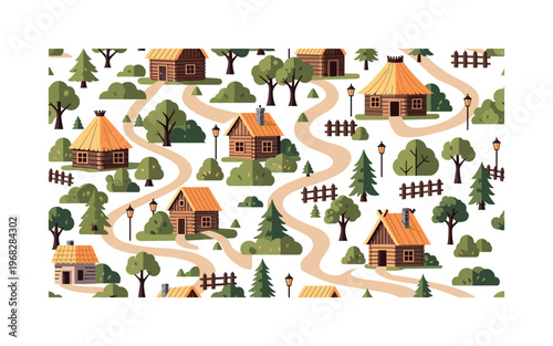 village life patterns seamless pattern, repeating pattern, surface design, textile print, modern illustration of huts, wooden cabins, straw roofs, trees,