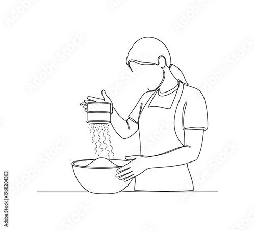 Baking Essentials. Minimalistic one-line drawing person sifting flour over mixing bowl for recipe preparation, continuous single black line on white