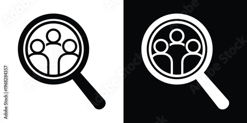 Search team icon. Magnifying glass focusing on a group of four people line icons. Human resources, recruitment, and talent acquisition concept. Black and white vector set.