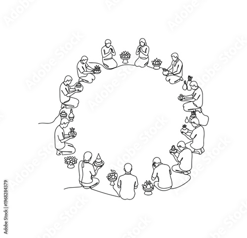 Sacred Practice. Minimalistic one-line drawing people kneeling and offering symbolic items in circle, continuous single black line on white background, simple