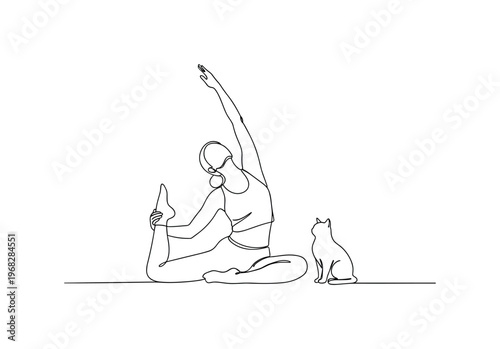 Pet-Friendly Practice. Minimalistic one-line drawing person doing yoga pose with cat sitting beside, continuous single black line on white background, simple