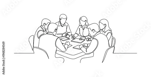 Workgroup Planning. Minimalistic one-line drawing team collaborating around table, continuous single black line on white background, simple outline style, no