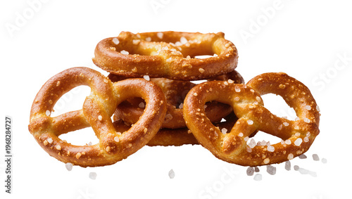 Tableau sur toile Golden brown baked pretzel rings generously sprinkled with coarse salt crystals,