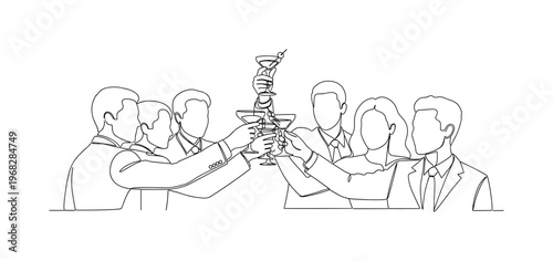 Party Toast. Minimalistic one-line drawing individuals clinking cocktail glasses in celebration, continuous single black line on white background, simple