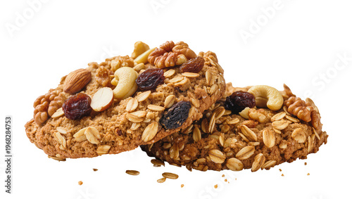 Rustic oatmeal cookie stacked with crunchy pecans plump raisins creamy cashews and slivered almonds, isolated on transparent background for healthy snack promotions
