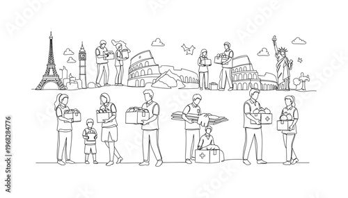 Global Support. Minimalistic one-line drawing volunteers distributing aid to communities, continuous single black line on white background, simple outline