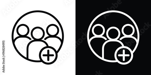 Add team icon. Group of people with a plus symbol. Representation for hiring new staff, expanding a community, or creating a group. Black and white vector.
