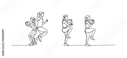 Fitness Prep. Minimalistic one-line drawing individual performing combination of jumping jacks, high knees, and arm circles, continuous single black line on