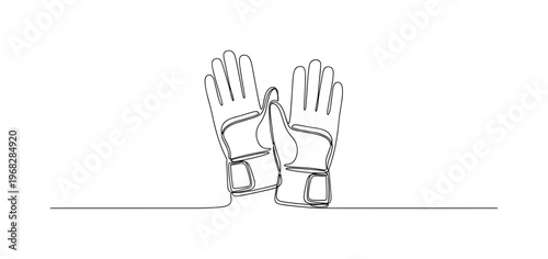 Hand Gear. Minimalistic one-line drawing two protective gloves placed together, continuous single black line on white background, simple outline style, no