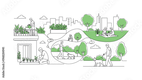 Green City Life. Minimalistic one-line drawing urban residents enjoying and gardening in green spaces, continuous single black line on white background, simple