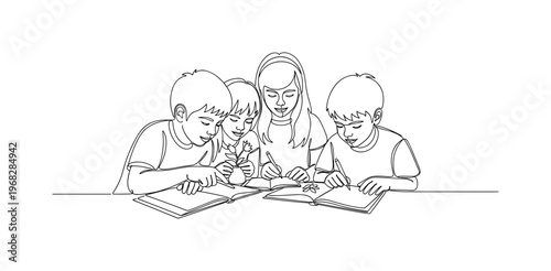 Kids Learning About Nature. Minimalistic one-line drawing children crouched studying plants and soil, continuous single black line on white background, simple