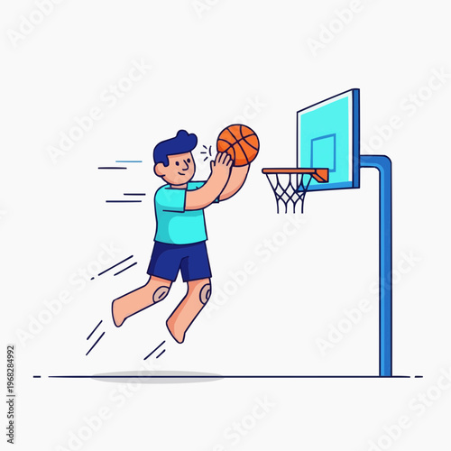 Dynamic cartoon illustration of a young boy performing an impressive slam dunk in a basketball game, showcasing athletic skill and fun on the court with vibrant energy